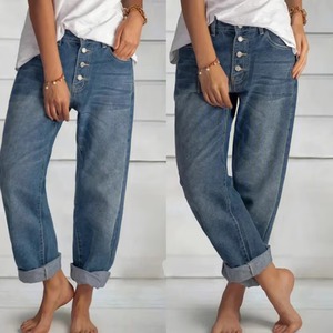 Jeans de mezclilla de cintura alta de pierna recta para mujer, sin etiqueta, a la moda, al por mayor - Product Image 3