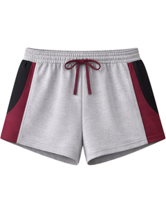 Shorts de détente pour femmes gris, rouge et noir, taille élastique avec cordon de serrage, empiècements contrastants, en coton et polyester doux, décontractés, confortables pour l'été - Product Image 1