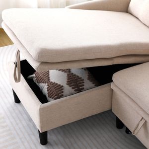 Canapé d'angle réversible en forme de L avec rangement, en coton et lin beige, pour bureaux et chambres d'appartement - Product Image 3