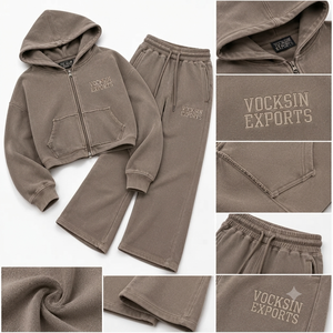 VOCKSIN Vintage Casual Solid Taupe Cropped Zip Hoodie Tracksuit Men's Regular Wide Leg <b>Sweat</b> <b>Set</b> Washed Cotton - Product Image 4