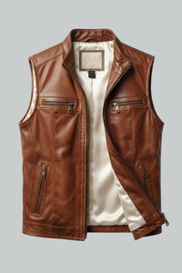 Men's <b>Brown</b> Genuine Leather Casual Lace Spring Moto <b>Vest</b> V-neck Zipper Closure Solid Color Outerwear Plus Size Regular Fit - Product Image 6
