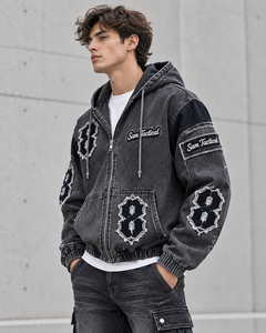 Sam Tactical <b>Men's</b> Hooded Denim Jacket Zipper Streetwear Applique <b>Badge</b> Loose Fit Washed <b>Black</b> Frayed Patch <b>Badge</b> Design - Product Image 2