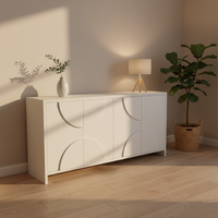 Buffet moderne en MDF et chêne massif, panneau demi-lune, armoire à 4 portes en arc, design en arc, rangement résistant à l'eau
