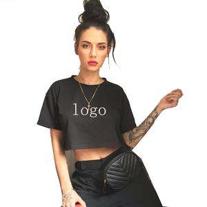 <b>Women's</b> <b>Black</b> <b>Cropped</b> T-Shirt Crew Neck Short Sleeve Solid Color Casual Knitted Regular Fit Logo Print All Seasons - Product Image 3