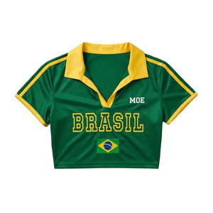 Trendy Brazil Inspired Contrast Collar Custom Branding women's <b>shirt</b> Green & Yellow Soccer Crop <b>Y2K</b> Retro Football Baby Tee OEM - Product Image 1