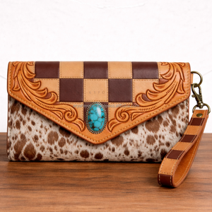 Trending Checkered Design Clutch with Detachable <b>Wristlet</b> Hair On Genuine Leather Wallet Handcrafted Embossed Leather Purse - Product Image 3