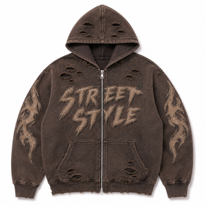 เสื้อฮู้ดดี้โอเวอร์ไซส์สีน้ำตาลสไตล์วินเทจ ซิปหน้า ยูนิเซ็กส์ สตรีทแวร์ ผ้าคอตตอนหนา พิมพ์ลายกราฟิก ประดับคริสตัล แขนยาว ใส่สบายๆ ในฤดูหนาว - Product Image 1