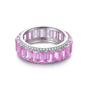 Women's 925 <b>Silver</b> Rhodium Plated Morganite Eternity Band <b>Ring</b> <b>Emerald</b> Cut Channel Setting Luxury Fine Jewelry - Product Image 1