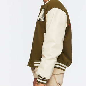 OEM Sportswear Wool Body Leather Sleeve Varsity Jacket Top Quality College Men's Olive Cream Reversible Winter Men's Jackets - Product Image 4