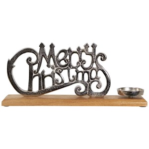 Support de bougie en métal Joyeux Noël, finition argentée, base en bois, décoration de la maison, durable - Product Image 1