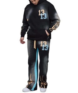 Ensemble de survêtement personnalisé en coton éponge 100% avec logo, coupe oversize, pantalon évasé et sweat à capuche pour homme - Product Image 4