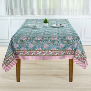 Mantel de Algodón Estampado Floral Azul Turquesa Reutilizable y Personalizable Hecho a Mano por RIDHI con Borde a Rayas Rosas para Comedor Estilo Rústico - Product Image 5