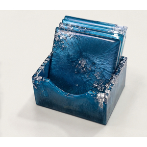 Custom Handmade Epoxy Resin <b>Coaster</b> Set with Holder Luxury Blue Drink <b>Coasters</b> Metallic <b>Silver</b> Flakes Heat Resistant Cup Mats - Product Image 1