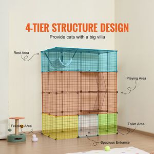 Grande Gabbia per Gatti a 4 Livelli con Rete Metallica Rimovibile 104 x 71 x 140 cm, 4 Porte Frontali, Amaca, Rampa e Scale per Allevamento Interno - Product Image 2