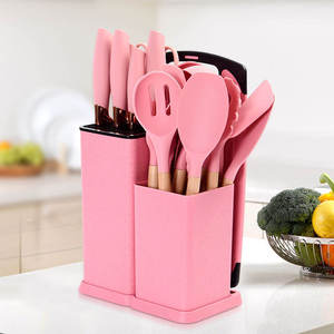 Ensemble de 19 ustensiles de cuisine avec manches en bois, ustensiles en plastique sans BPA, bloc de rangement pour couteaux de cuisine - Product Image 1