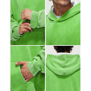 Sudadera con Capucha Verde Neón Brillante para Hombre, de Algodón Pesado, Estilo Retro Oversize, Lavado Ácido, Personalizada, Estilo Urbano - Product Image 5