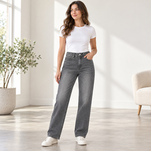 Jeans de mezclilla de cintura alta y pierna recta para mujer con presillas de cinturón, color gris ahumado - Venta al por mayor - Product Image 5