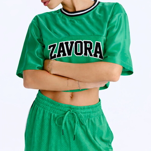 Ensemble de sport en maille verte pour femmes, haut à manches courtes en polyester, maillot de football américain, logo personnalisé, vêtements de sport, OEM, marque privée - Product Image 6