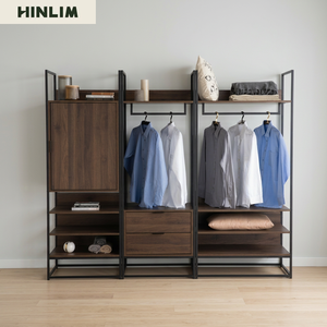 Armario Abierto de Diseño Industrial Moderno, Estructura Metálica, Tablero Laminado, 4 Estantes, Mueble de Almacenamiento Independiente para Dormitorio - Product Image 4