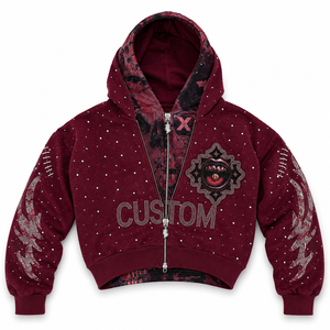 Sweat à capuche zippé double couche 600 GSM avec graphique personnalisé en strass, coupe courte et ample, style streetwear clouté pour homme, mode Y2K, fournisseur - Product Image 3