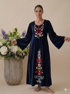 <b>Boho</b> <b>Style</b> Velvet Eco-Friendly Woven Dress with Floral Embroidery Full Sleeve O-Neck Loose Fit Floor-Length Autumn Casual Wear - Product Image 4