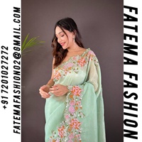 Saree Organza Evergreen Berkualitas Tinggi Premium dengan Bordir Bunga yang Indah, Kain Sutra Tenun Desain Sendiri untuk Pesta.