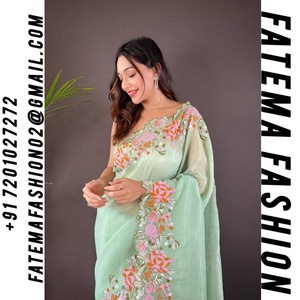 Sari en organza de qualité supérieure, motif floral brodé, tissage original en soie, idéal pour les fêtes - Product Image 2