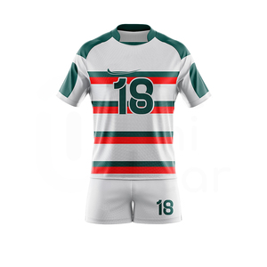 Ensemble short et maillot de rugby rayé blanc, vert et rouge pour homme, sublimé, anti-humidité, col rond, manches courtes, toutes saisons - Product Image 1