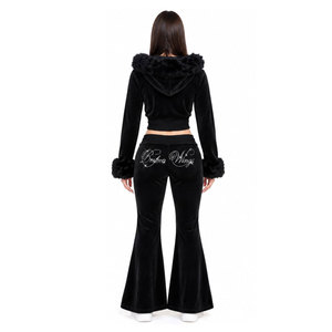 Perfecta Wings Black Velvet 2 Piece Set Crop <b>Hoodie</b> With Fur Trim Flared Pants Embroidery Logo Women's Fashion Outfit - Product Image 5