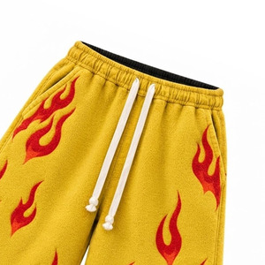 Men's Yellow Baggy <b>Sweat</b> <b>Shorts</b> with Red Flame Pattern Wide Leg Fleece Jorts Streetwear - Product Image 4