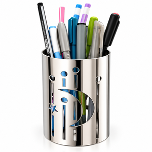 Portalápices Moderno de Acero Inoxidable con Diseño Hueco de Luna Creciente y Estrella, Organizador de Lápices Plateado para Escritorio de Oficina - Product Image 1