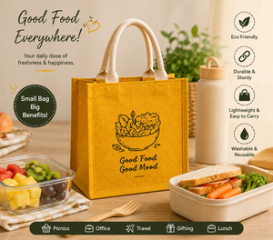 Sac à déjeuner en jute écologique, imprimé « Good Food Good Mood », jaune, durable, réutilisable, sac cadeau pour pique-nique, bureau, voyage - Product Image 1