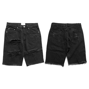 Shorts en jean déchirés noirs personnalisés pour hommes – Vente en gros, style streetwear, ourlet brut, vintage, délavé, décontracté - Product Image 1