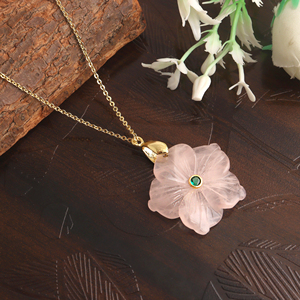 Pink Rose Quartz Blossom Pendant Necklace Emerald CZ Gemstone 18K Gold Plated Brass <b>Cable</b> Chain Handmade Floral Jewelry Gift - Product Image 6