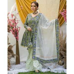 Ensemble de costume respirant en coton vert floral paon pour femme, taille XS, tissu en mousseline - Product Image 4