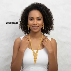 Conjunto de Collar Largo Nigeriano para Boda con Aretes y Anillo, Chapado en Oro Amarillo, Joyería Elegante para Mujer, Estilo Étnico - Product Image 2