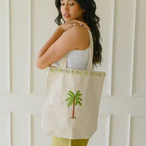 Sac fourre-tout en toile de coton indien fait main, broderie palmier, design unique, réutilisable, sac à bandoulière pour voyage d'été, haute qualité - Product Image 1