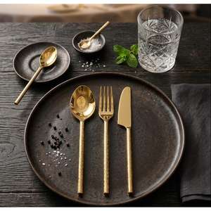 Stainless Steel Gold PVD coated <b>Flatware</b> Set of 4 Cutlery Spoon Fork Knife Hammered Handle Perfect Wedding Rental Cutlery - Product Image 2