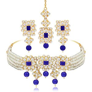 Conjunto de Collar y Pendientes de Flor Chapados en Oro con Circones, Joyería Clásica de Boda para Mujer, Imitación de Perlas y Piedra Azul, Conjuntos de Joyería de Aleación - Product Image 1