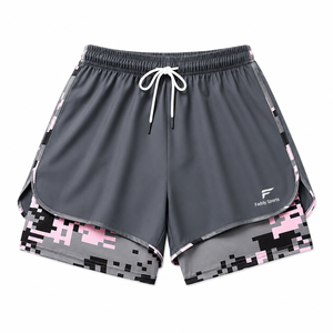 Pantalones cortos de running 2 en 1 para mujer, color gris carbón, con forro interior estampado, dobladillo dividido, cordón ajustable, ropa deportiva personalizada, pantalones cortos de gimnasio al por mayor - Product Image 1