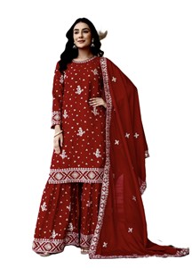 Salwar Kameez en soie brodée rouge avec dupatta, tenue de mariage indienne moderne pour femme, longueur genou, coupe régulière, séchage rapide, style Punjabi - Product Image 2