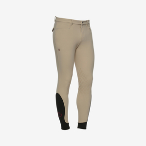 <b>Women's</b> High Rise Equestrian Pants Slim Fit <b>Beige</b> with Black Knee Panels Zipper Closure Solid Color Riding <b>Leggings</b> - Product Image 1