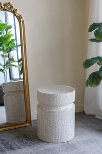 Delicate White Mother Of Pearl Drum <b>Table</b> Capiz Shell Mosaic Accent Stool MOP Round <b>End</b> <b>Table</b> Coastal For Living Room Bedroom - Product Image 4