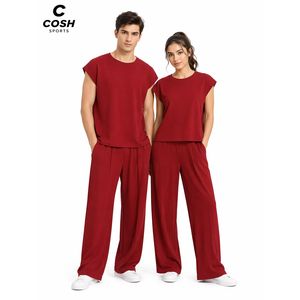 Ensemble deux pièces décontracté d'été pour couple : haut en jersey de coton à manches courtes et pantalon plissé à jambes larges – Tenue de détente – Fabricant - Product Image 1