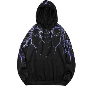 Sudadera con Capucha Negra para Hombre con Estampado de Rayos Púrpura, Corte Holgado Informal, Tejido de Poliéster, para Otoño - Product Image 1
