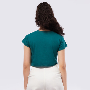 T-shirt court pour femme, couleur turquoise, manches courtes, col rond, couleur unie, coupe décontractée, poches, 100% coton, respirant, printemps été - Product Image 3