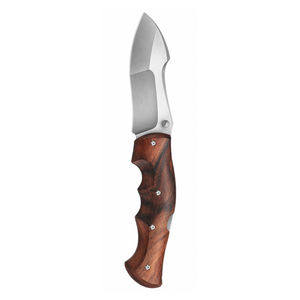 Cuchillos de caza de hoja fija con mango de madera marrón contorneado con ranuras para los dedos y hoja de acero ancha para camping y actividades al aire libre. - Product Image 3
