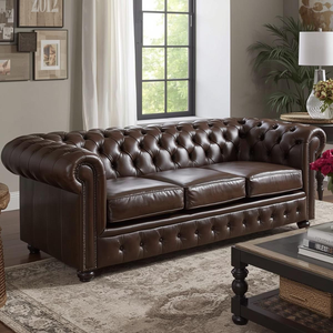 Sofá Chesterfield de Cuero de 3 Plazas con Respaldo Acolchado y Brazos Enrollados, Sofá de Cuero Clásico y Muebles de Sala de Estar para el Hogar - Product Image 1