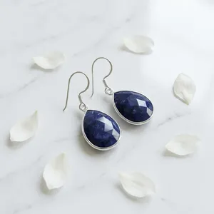 Pendientes Colgantes de Plata de Ley 925 con Zafiro Azul, Forma de Gota de Agua, Engaste de Bisel, Joyería Fina con Piedras Preciosas - Product Image 3