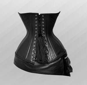 Women's Black Leather Corset <b>Shapewear</b> with Hook-and-Eye Closure and Belted Waist Control Side Packet Zip Steel Boned - Product Image 3